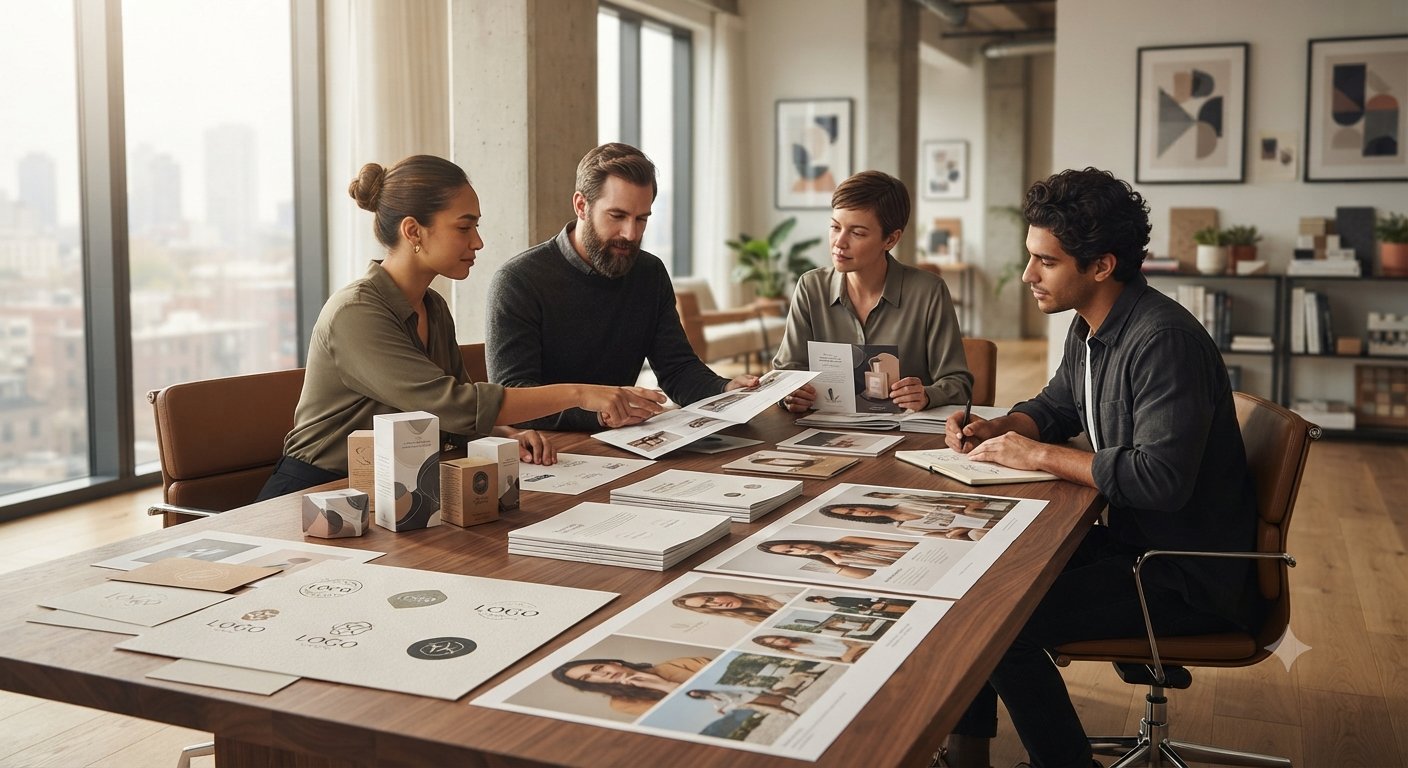 Darsh Graphic Studio design team reviewing branding and packaging materials