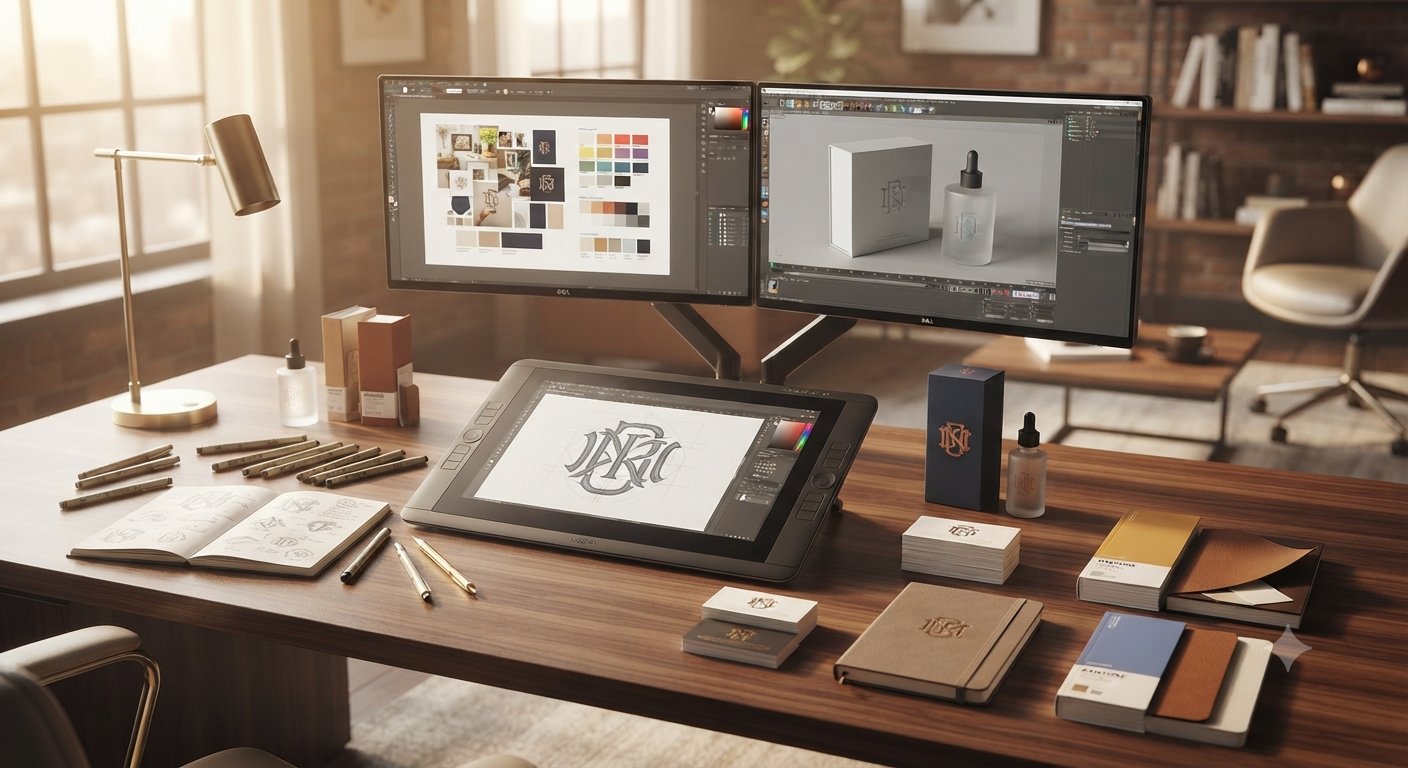 Creative Process packaging box and bottle design on a studio desk